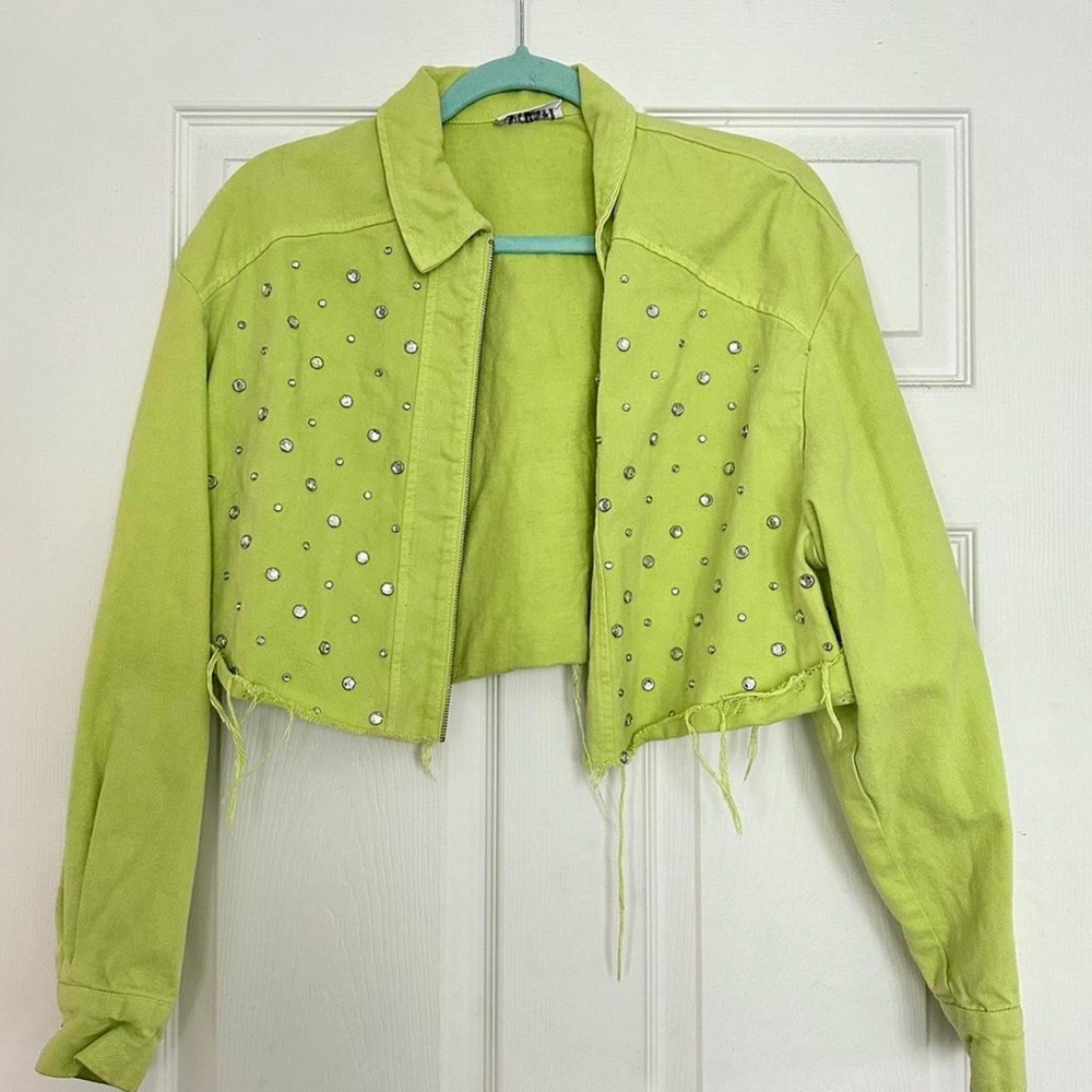 Upcycled Lime Green Denim Jacket w Studs